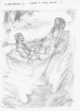 Xanthe and Skryker Boating -  sketch by Lee O'Connor